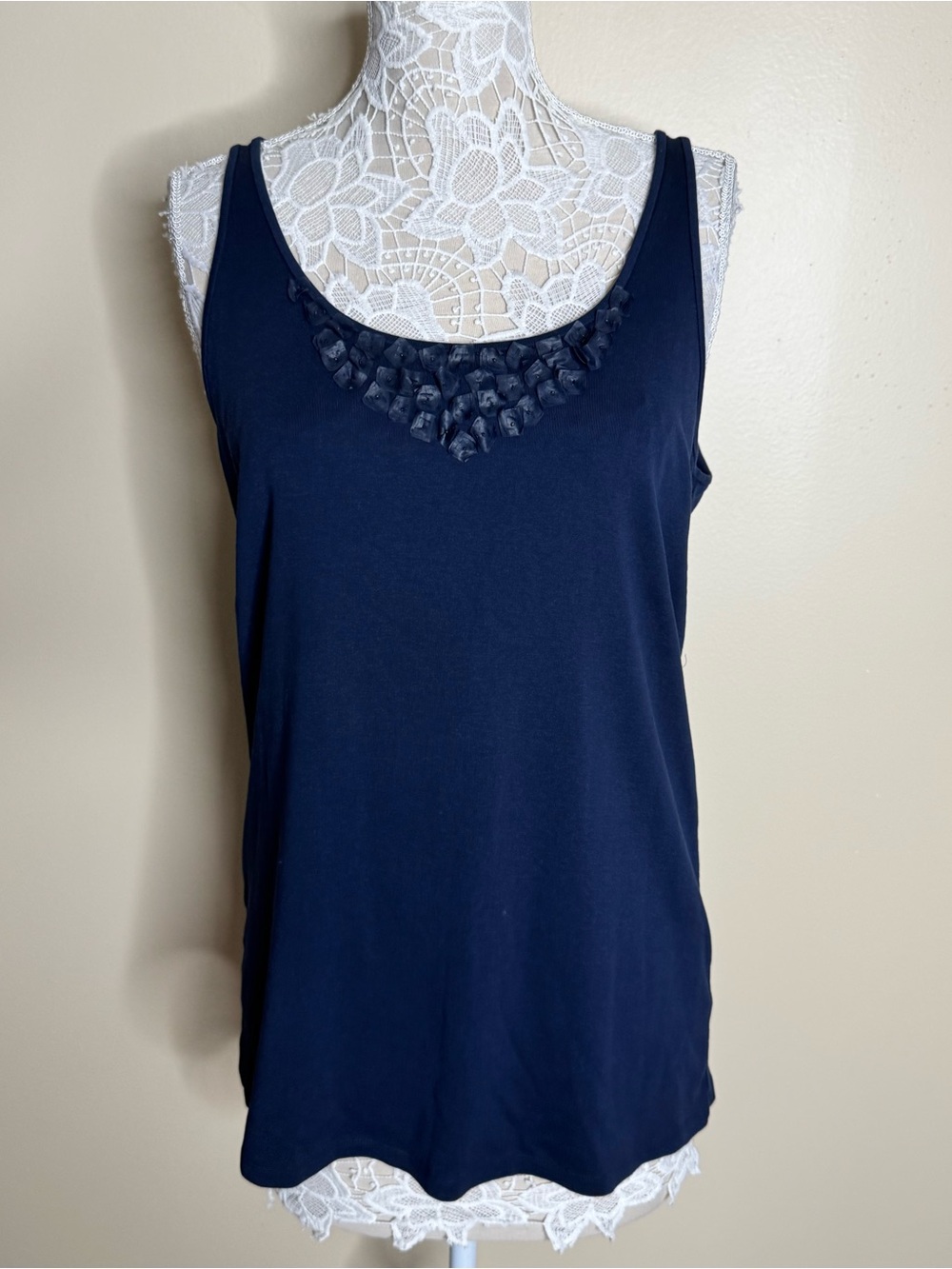 Eileen Fisher Navy 100% Organic Cotton Embellished Floral Tank Top size 2X